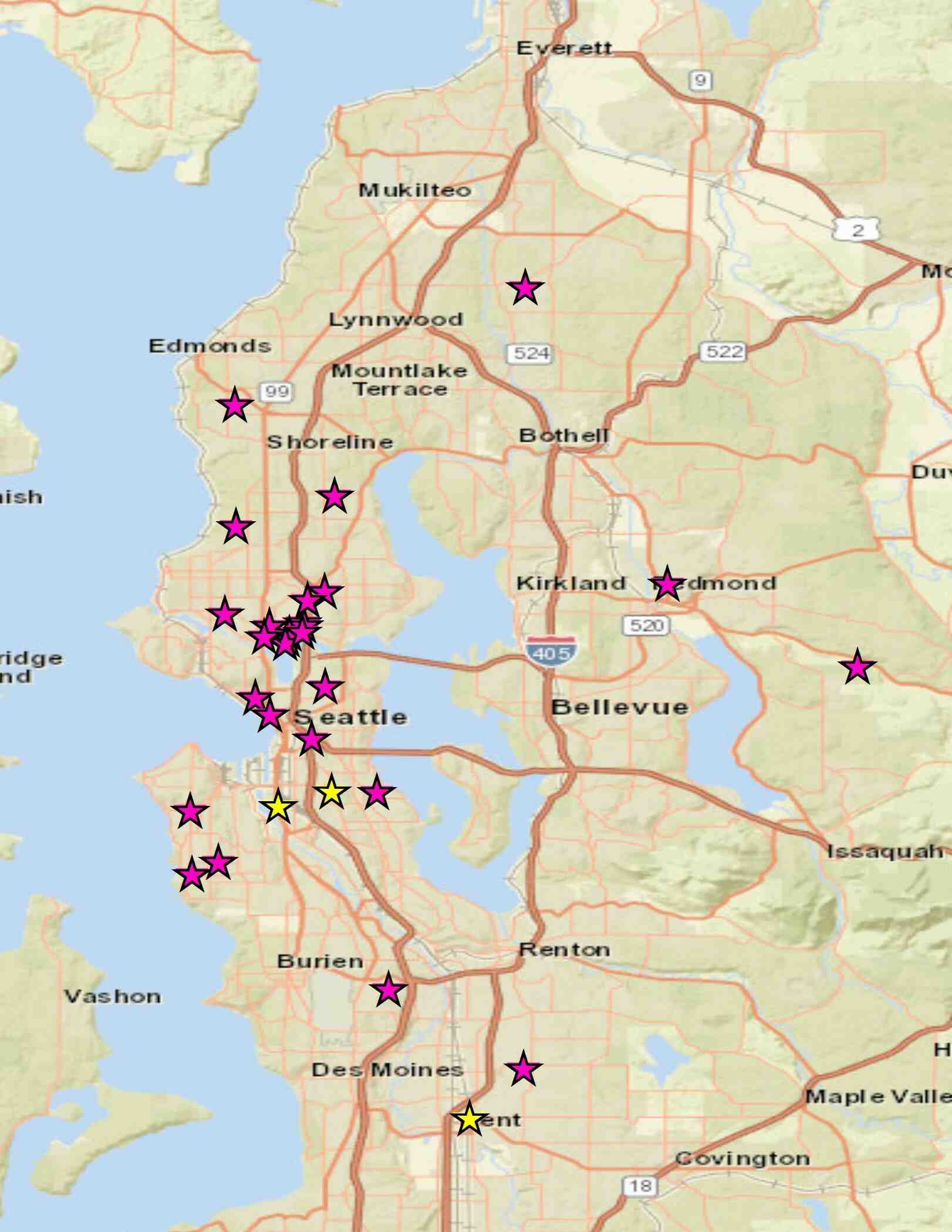 map of locations monitored in Puget Sound region