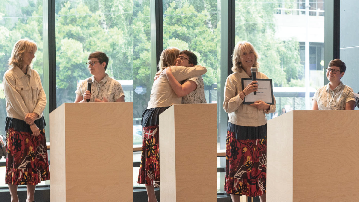Three-part image showing Orly Stampfer presenting the award to Catherine Karr, the two of them hugging, and Karr speaking.