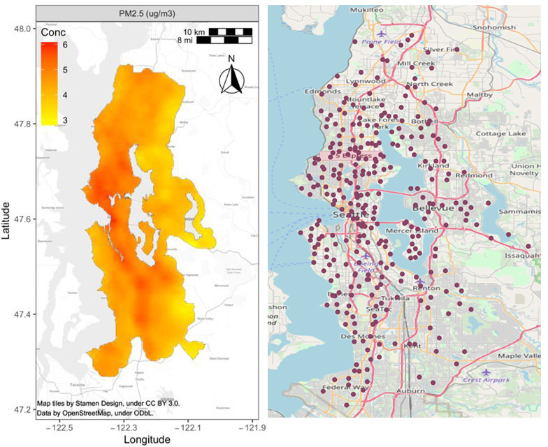 On left, map of predicted fine particulate matter (PM 2.5) concentrations in the greater Seattle area showing high levels downtown, along highways and near the airport. On right, map of same region showing about 300 dots (where measurements were taken) scattered around the region. 