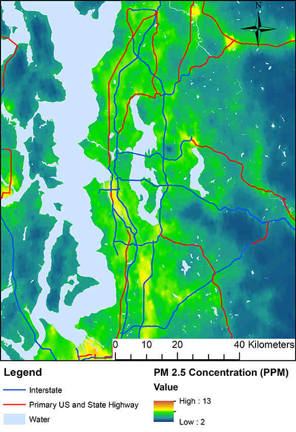 Map of particulate matter pollution across Seattle predicted by an air pollution model, with higher levels of pollution near major roadways.