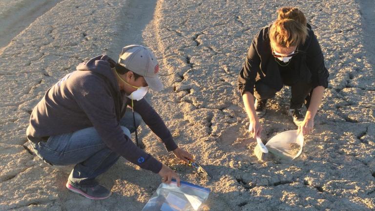 Researchers with the UC Irvine-led study sample dust at the southern edge of the Salton Sea.
