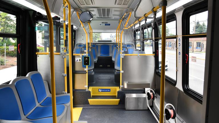 Interior shot of an empty bus.