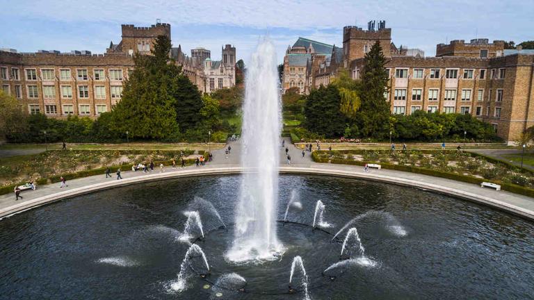 Aerial shot of Drumheller Fountain, UW campus