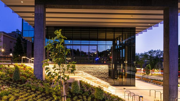 Exterior shot of an office building at night