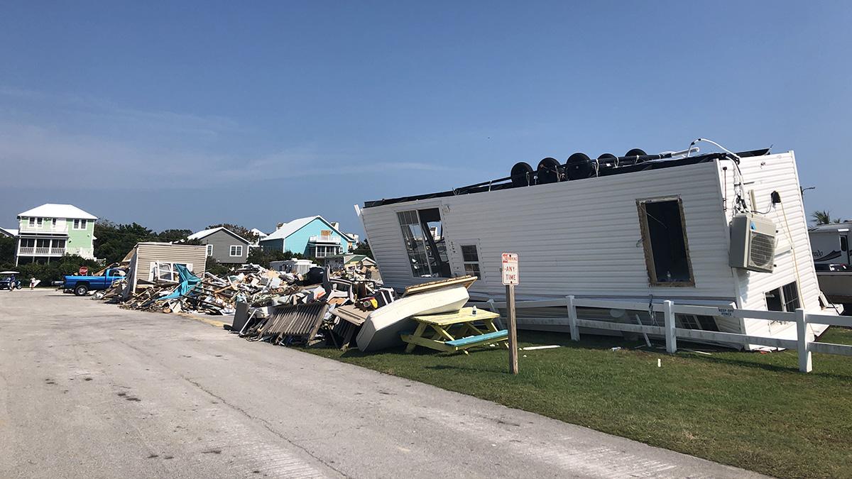 Building debris scattered across a neighborhood after Hurricane Dorian 