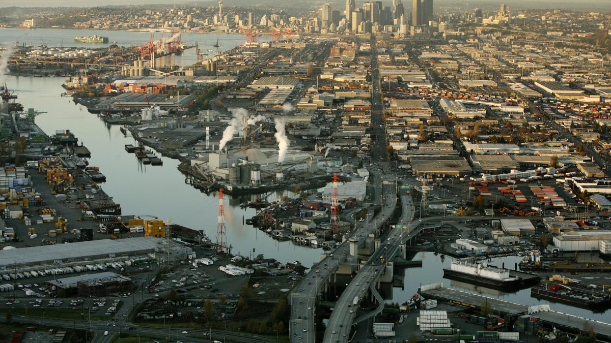 Aerial view of the Duwamish River in Seattle looking north into downtown.