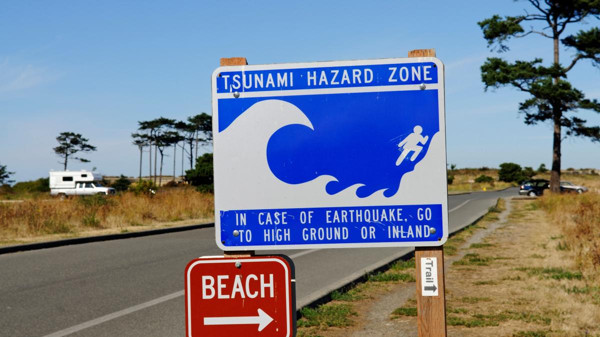 Tsunami hazard zone sign near a road along a low-lying beach area