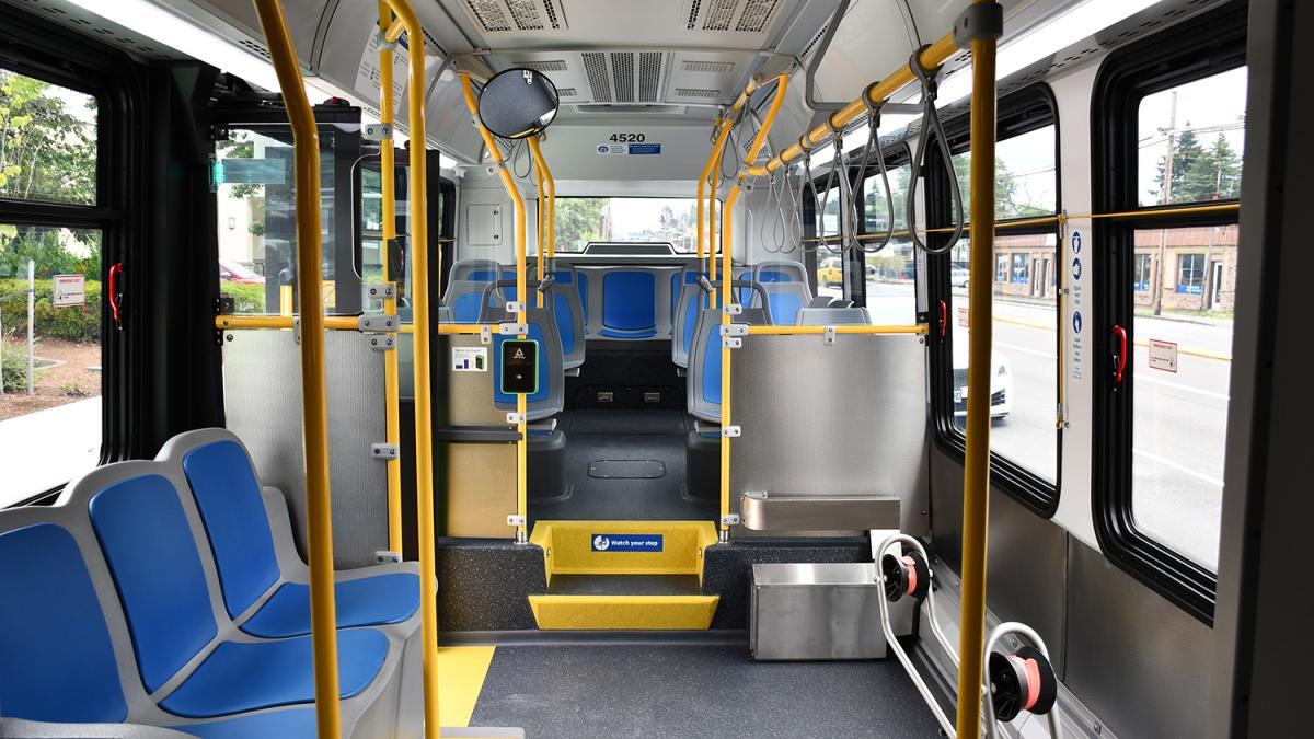 Interior shot of an empty bus.