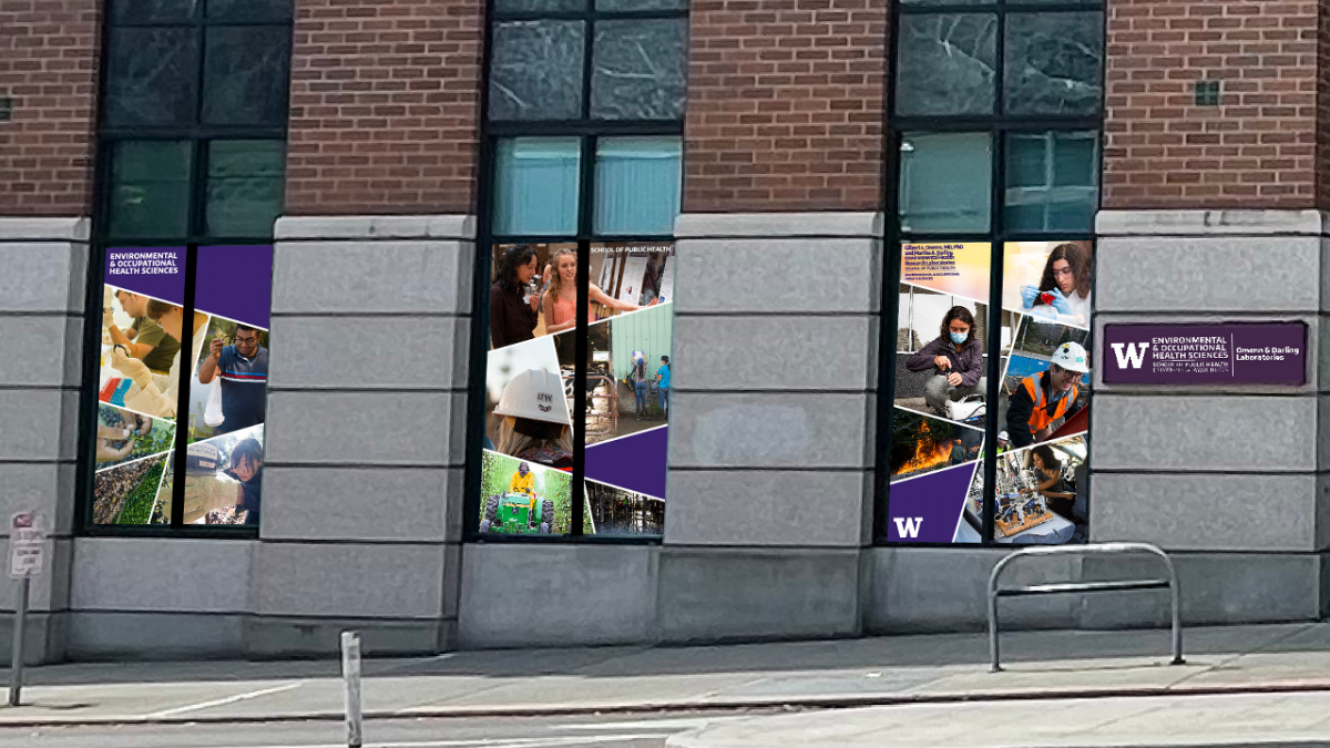 Design rendering of new street-facing signage featuring photos of DEOHS faculty and student research.