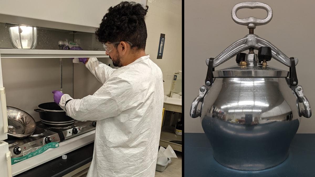 A two-part image shows a man in a white lab coat conducting an experiment on a cooking pot in a lab. The second image shows a traditional Afghan pressure cooker.