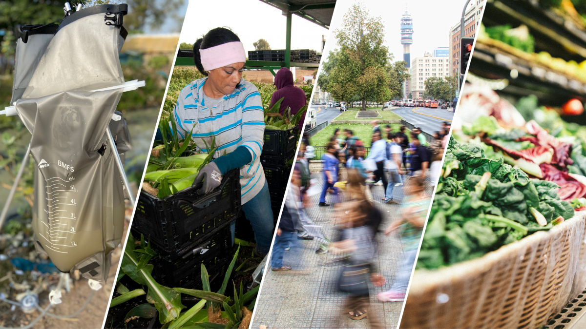 4 images each representing a project, from left to right: water processing bag, field worker, busy street, and grocery store