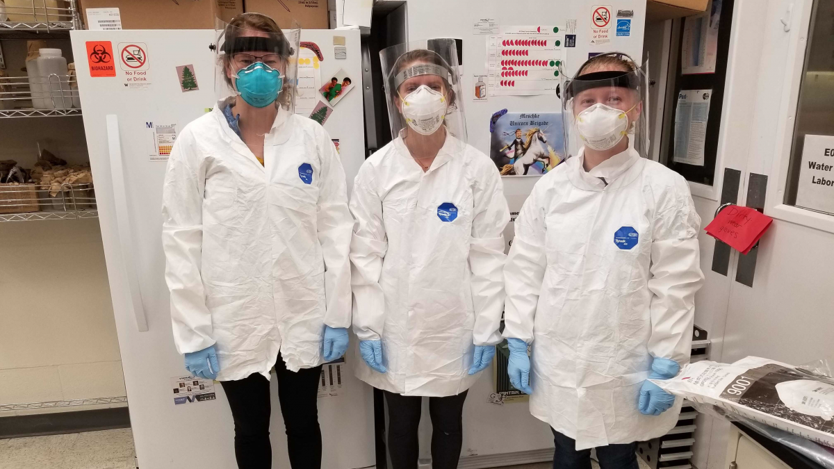 3 women in PPE including face shields, masks, gloves, coats and closed toed shoes.