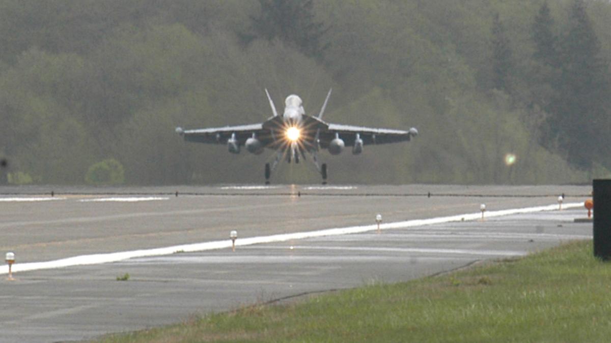 An EA-18G Growler jet lands at Naval Air Station Whidbey Island