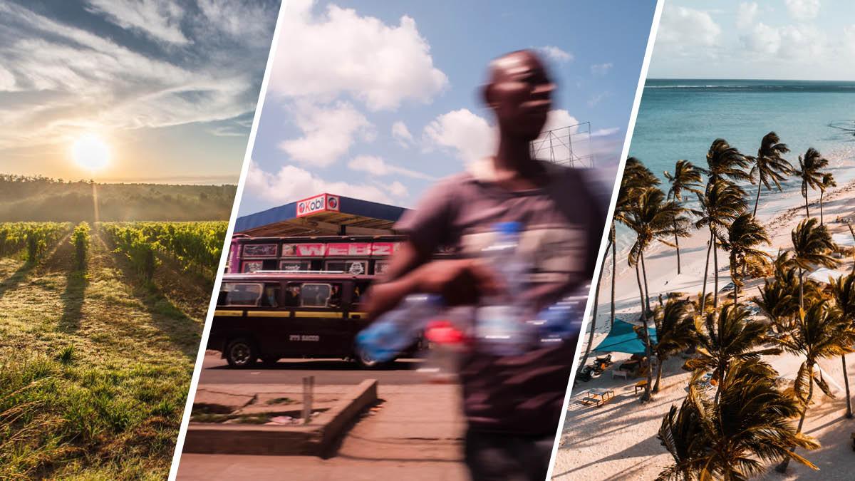 3 part image showing Italian fields, a man in Kenya with water bottles, and a windswept beach in Dominican Republic