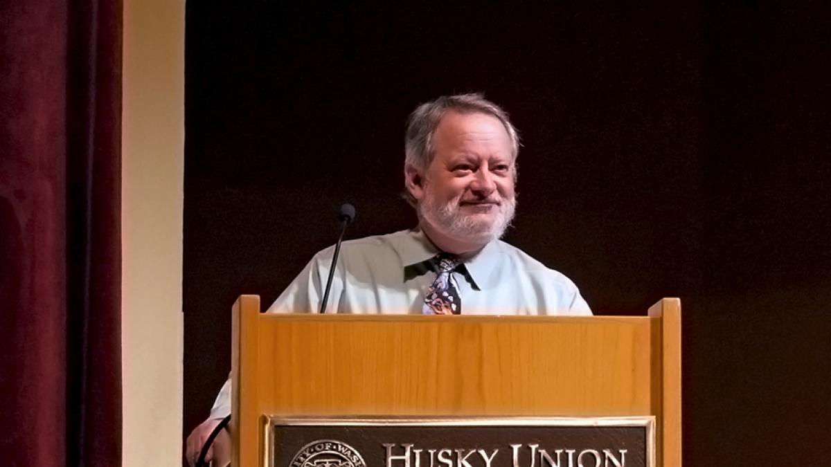 Photo of David Kalman at the podium. Photo credit: Sarah Fish.