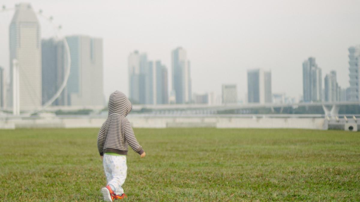 A child walks across a grassy lawn under a smoggy sky.