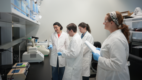 Erica Fuhrmeister, pushing a button on a piece of equipment, stands in a lab with three other researchers.