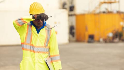 A person in an engine suit, hardhat and gloves holds his arm up over his eyes in a gesture of tiredness while holding his glasses in one hand, standing in a shipping yard.