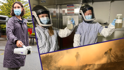 Three-part image including photos of a woman holding an air pollution monitor outside, two people in masks and face shields in a lab holding water samples, and firefighters fighting a wildfire.