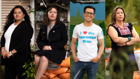 A collage of four photos of participants in the storymap: Paulina López, Robin Schwartz, Alberto J. Rodríguez and Maribel Pastor.