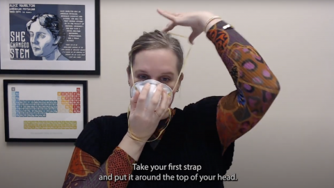 Screen shot from video of Marissa Baker putting on an N95 mask