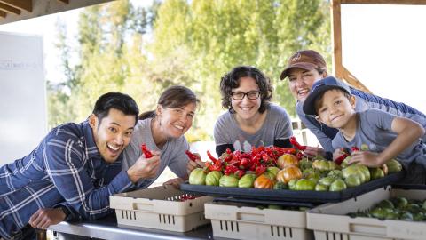 Four adults and a child smile with a pallet of vegetables including peppers and tomatoes.
