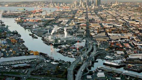 Aerial view of the Duwamish River in Seattle looking north into downtown.