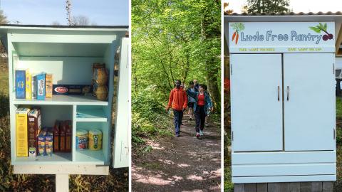 Three-part photo collage: (1) Neighborhood share pantry open to show dry goods including cereal and pasta; (2) A group of four people walks on a forested trail; (3) Share pantry closed showing text: Little Free Pantry. Take What You Need, Give What You Can.