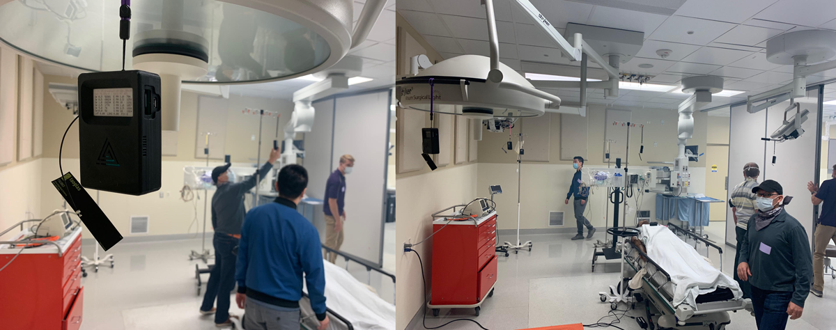Two images side by side of four researchers setting up air sensors in a simulated operating room.