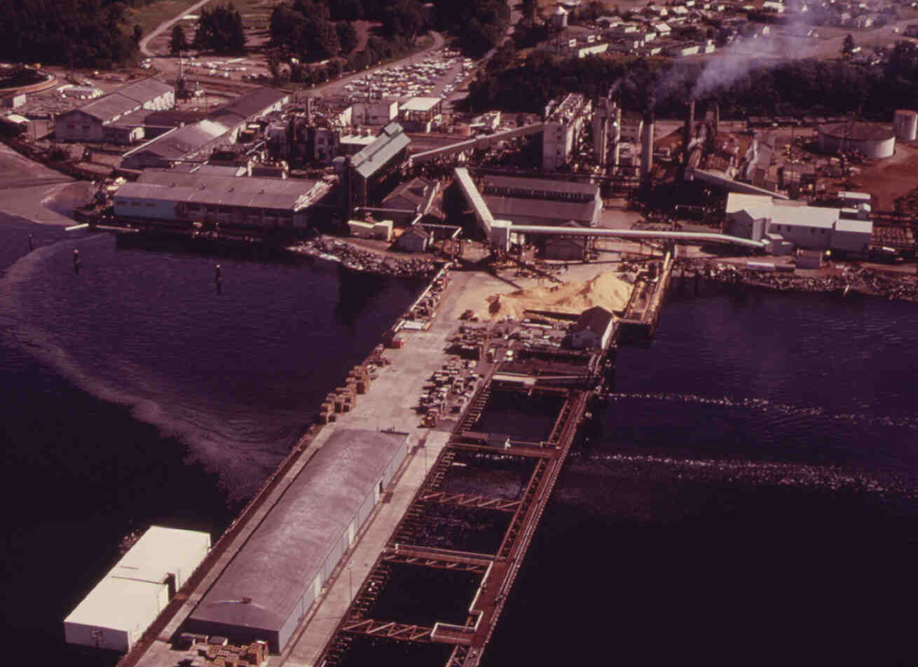 An aerial view of the Rayonier Paper Mill will pollutants coloring the water.