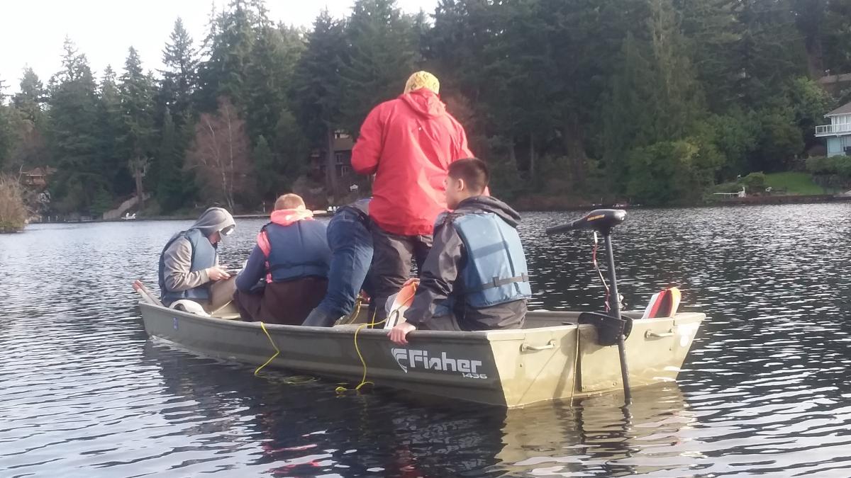 Research team on a boat in a lake