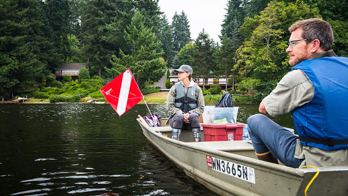 Two researchers in a boat on an urban lake